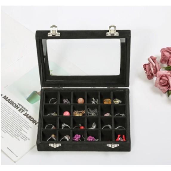 戒指珠寶24格收納盒帶蓋平盤首飾箱珠寶箱玻璃 戒子收納盒帶蓋黑絨飾品托盤珠寶箱首飾展示盒首飾盒2色可選-細節圖2