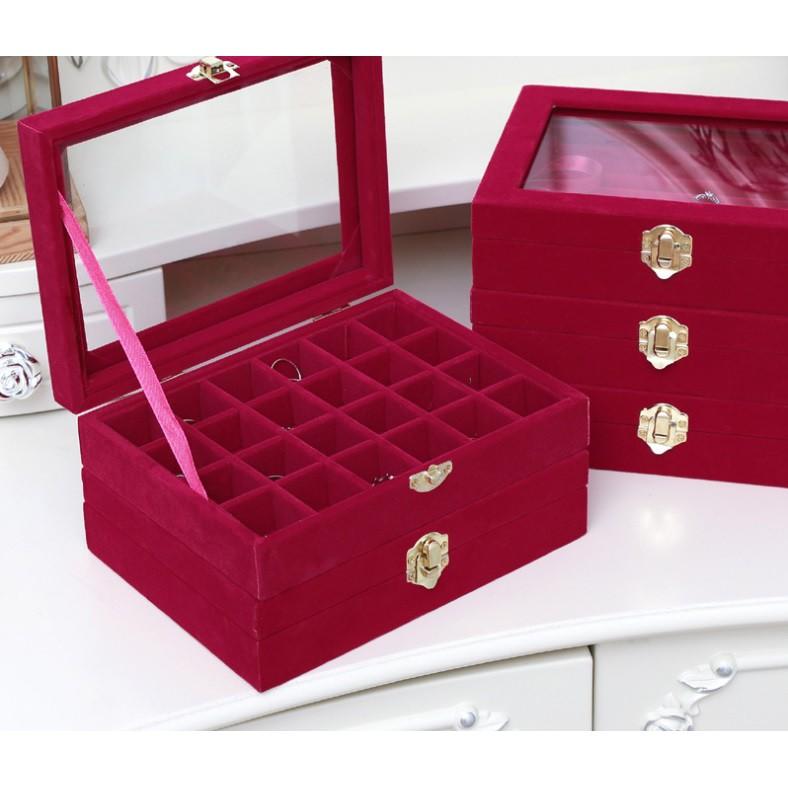 戒指珠寶24格收納盒帶蓋平盤首飾箱珠寶箱玻璃 戒子收納盒帶蓋黑絨飾品托盤珠寶箱首飾展示盒首飾盒2色可選-細節圖3