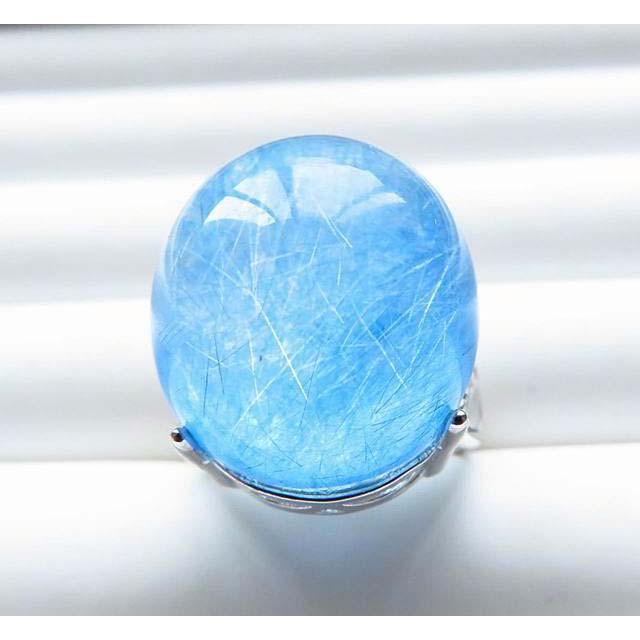 絕美滿絲金光閃閃富貴無雙極美罕見水藍色髮晶鑲嵌戒指21*18mm活圍內徑可調男女戒天然水晶之王珠寶玉石寶石首飾飾品-細節圖3