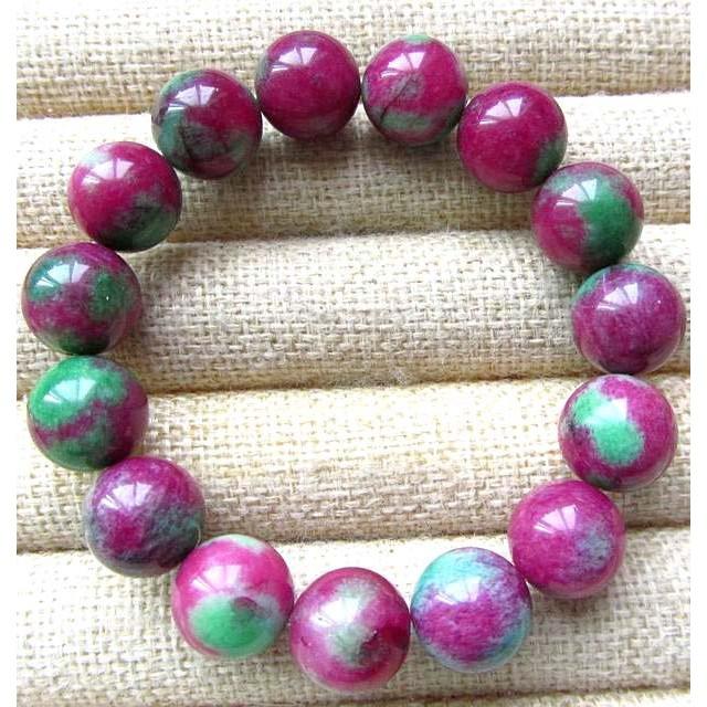 天然水晶紅綠寶石手鍊手串手珠佛珠單圈圓珠13mm/55.8g紅寶石綠簾石共生礦絕無僅有稀少寶石珠寶首飾飾品寶石-細節圖3