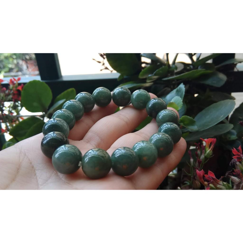 天然玉石翡翠A貨緬甸玉硬玉滿綠藍水種老油青種單圈圓珠手鍊手串佛珠手環13.5mm/65.2g翠玉珠寶寶石首飾飾品-細節圖4
