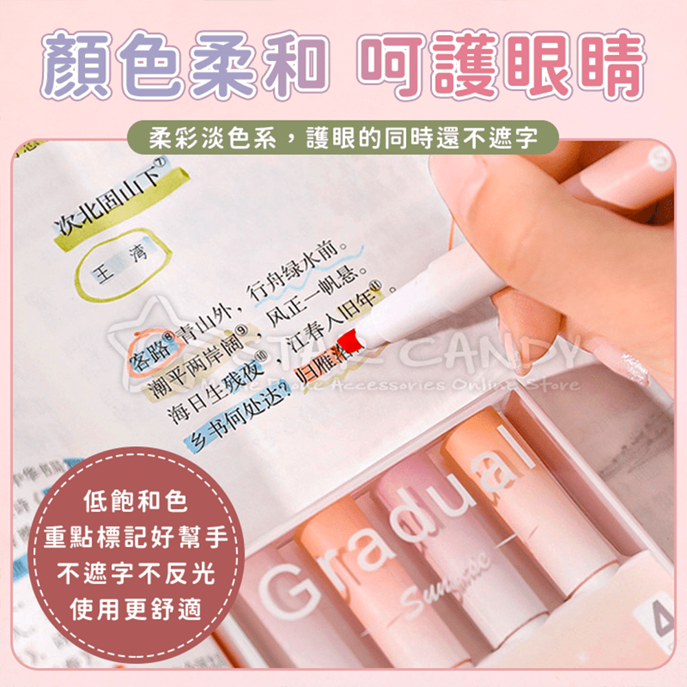 日出漸層螢光筆組 彩色螢光筆 四色螢光筆 單頭螢光筆 螢光筆組 彩色筆 螢光筆 文書 文具用品【A402】-細節圖3