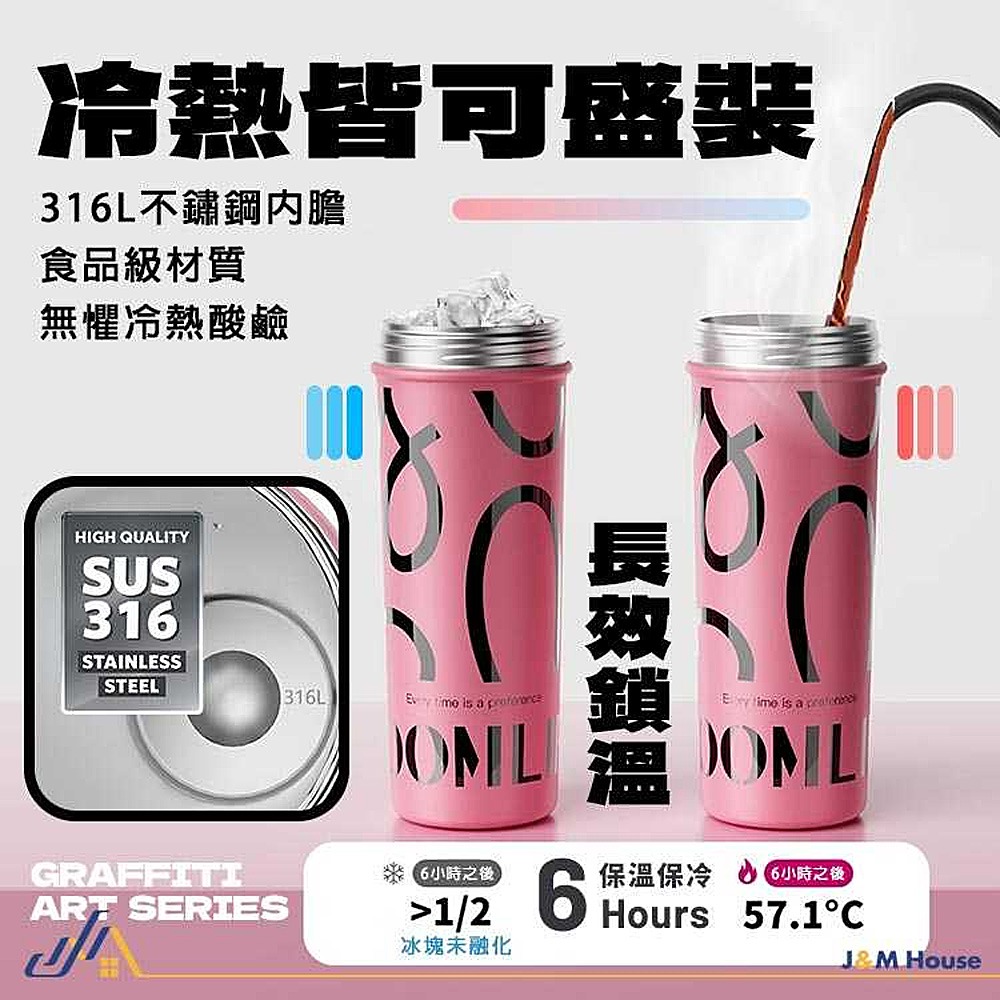 GOOM藝術手繪水杯 316不銹鋼保溫杯 咖啡杯 600ml 手提冰霸杯 吸管保溫杯 茶倉保溫杯 隨行杯 水-細節圖5