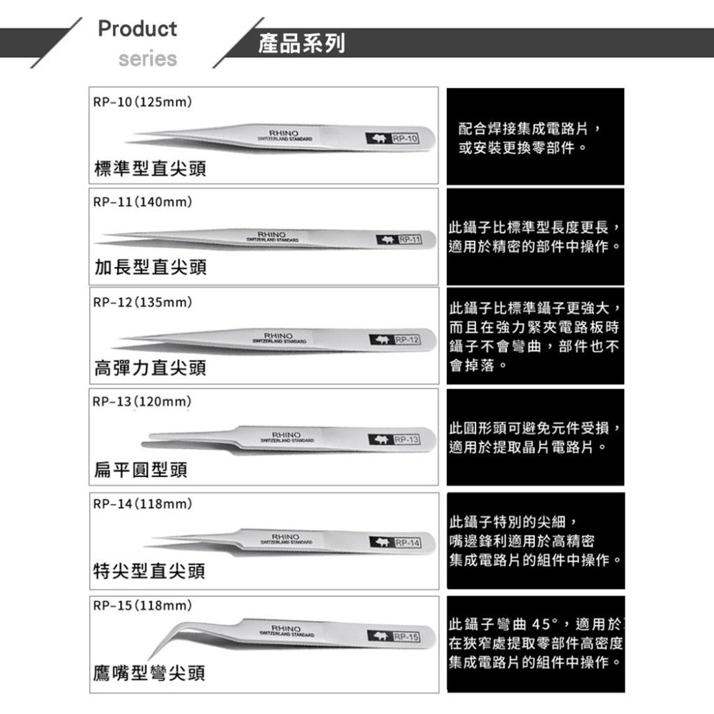 日本 犀牛牌 RP系列 HRC45 加硬防磁鑷子 RP-10 RP-11 RP-12 RP-13 RP-14 RP-15-細節圖9