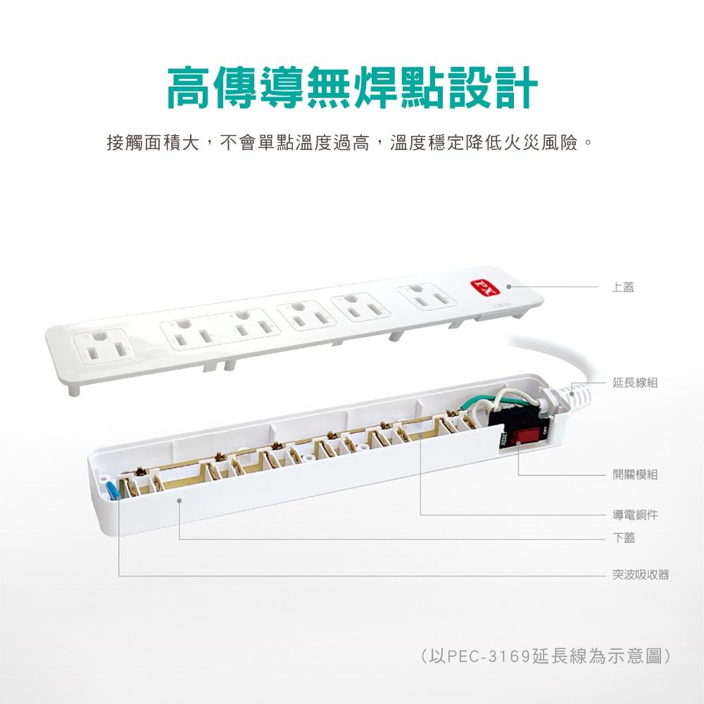 台灣製造 大通 PX 一切四座 電源延長線 三孔接地 延長線 安全開關 過載保護 PEC-3146 PEC-3149-細節圖7