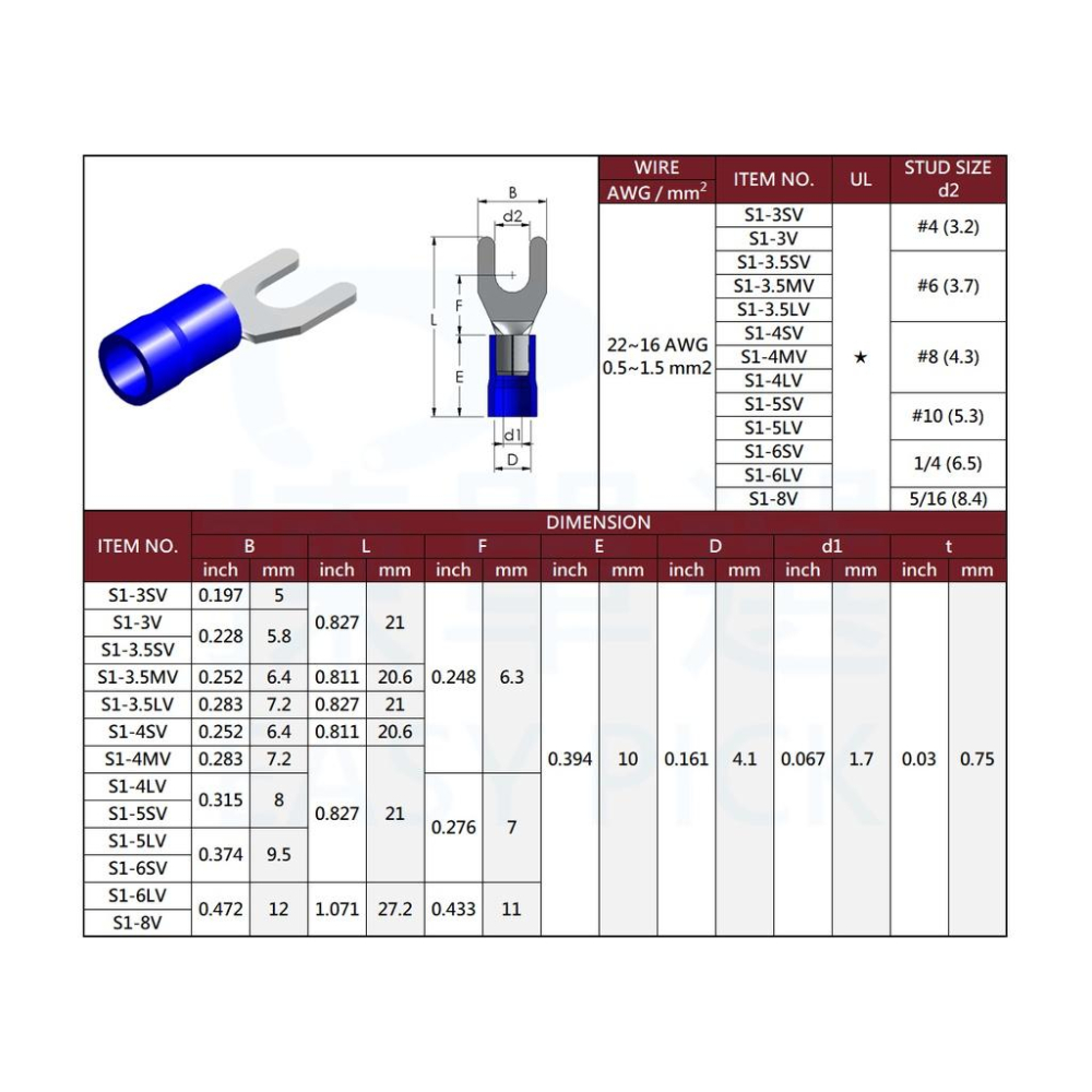 絕緣端子 Y型端子 S1~S8 #22~#8AWG 絕緣端子 Y形端子 金屬端子 壓接端子 壓著端子 Y端 鏟型端子-細節圖2