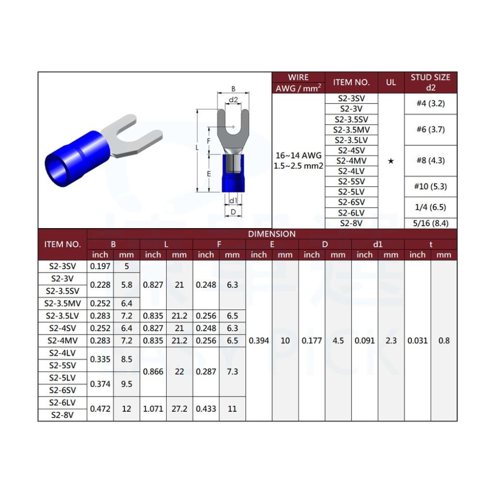 絕緣端子 Y型端子 S1~S8 #22~#8AWG 絕緣端子 Y形端子 金屬端子 壓接端子 壓著端子 Y端 鏟型端子-細節圖3