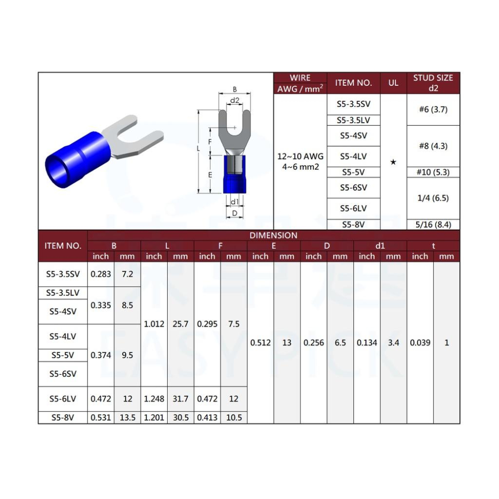 絕緣端子 Y型端子 S1~S8 #22~#8AWG 絕緣端子 Y形端子 金屬端子 壓接端子 壓著端子 Y端 鏟型端子-細節圖5