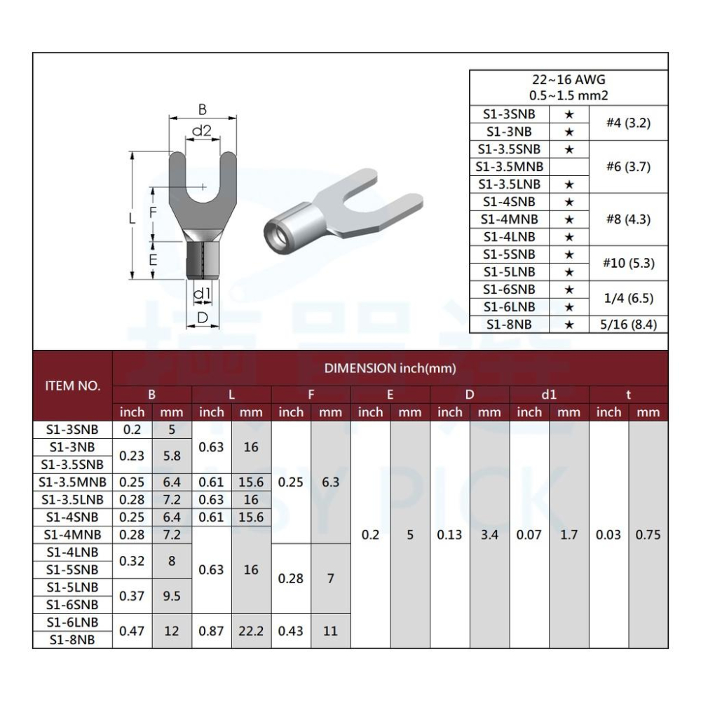 裸端子 Y型端子 S1~S8 #22~#8AWG 裸端子 Y形端子 金屬端子 壓接端子 壓著端子 Y端 鏟型端子-細節圖2