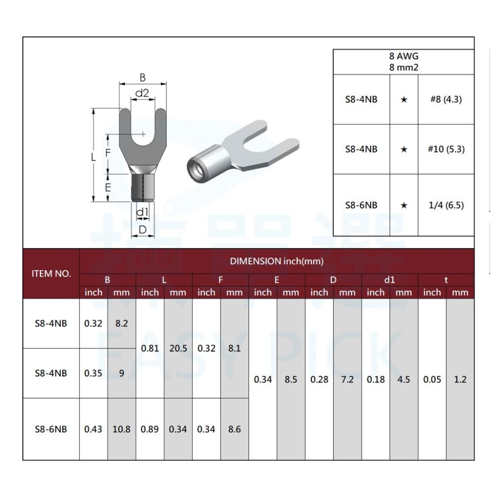 裸端子 Y型端子 S1~S8 #22~#8AWG 裸端子 Y形端子 金屬端子 壓接端子 壓著端子 Y端 鏟型端子-細節圖6