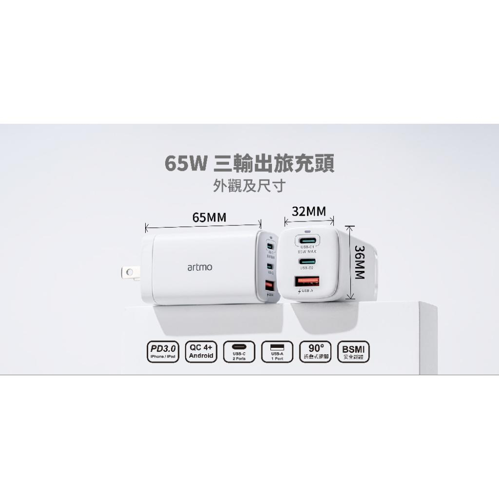 (台灣現貨)【artmo官方】65W 氮化鎵PD三孔旅充頭(2C1A) 白-細節圖5