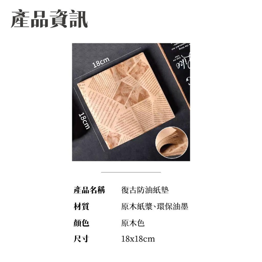 復古油紙墊 100張76元 防油紙 漢堡紙 防油防水 食品吸油紙 防油水墊紙 復古風防油紙 餐盤墊紙 油炸墊紙 吸油紙-細節圖3