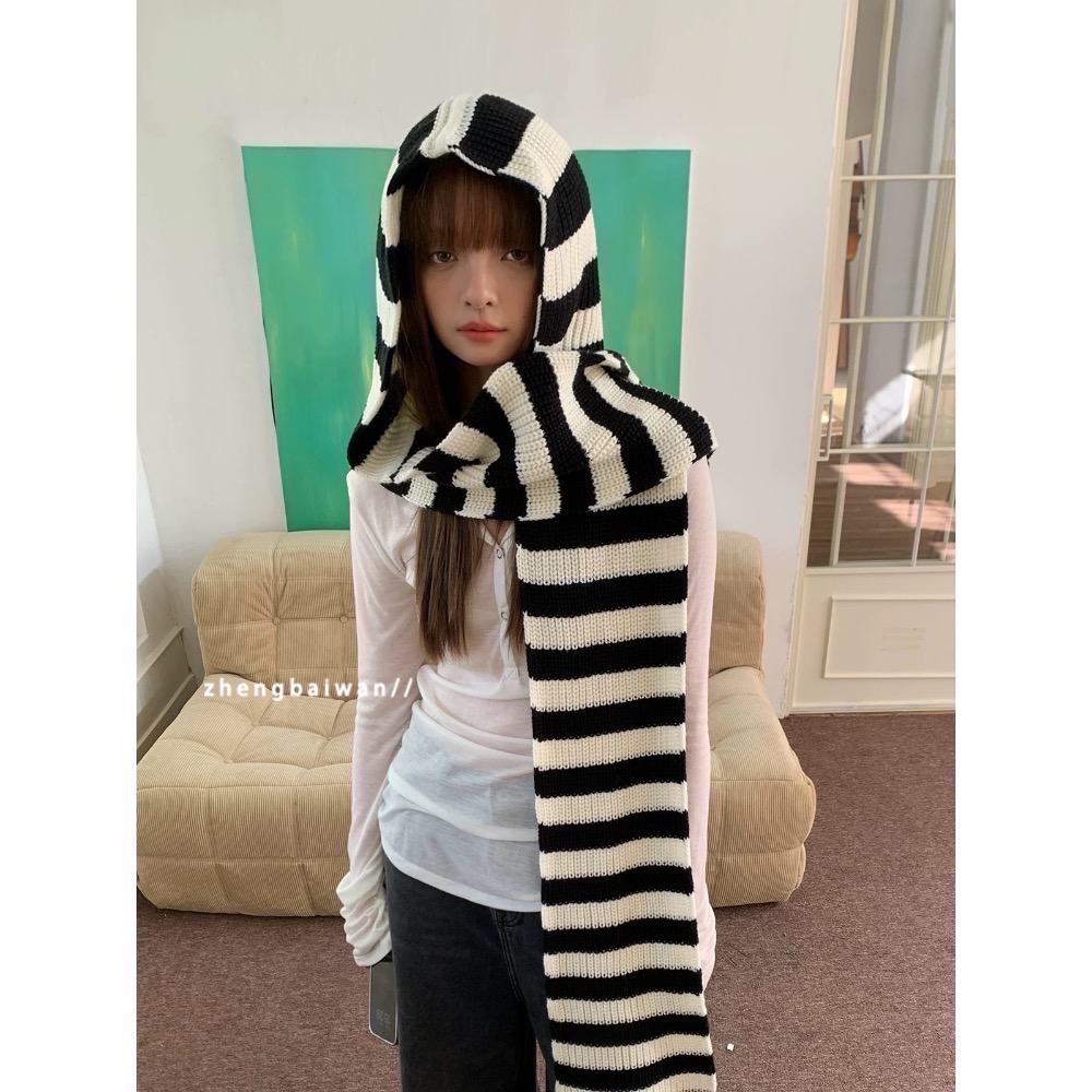 軟｜連帽披肩圍巾｜黑白條紋