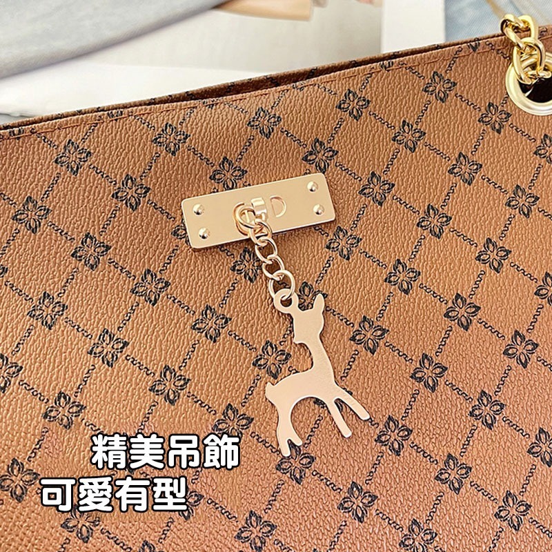 新款小鹿吊飾復古單肩包 大容量托特包 女包 PU皮拉鍊開合 大容量女式手提包 單肩包 (YA022)-細節圖3
