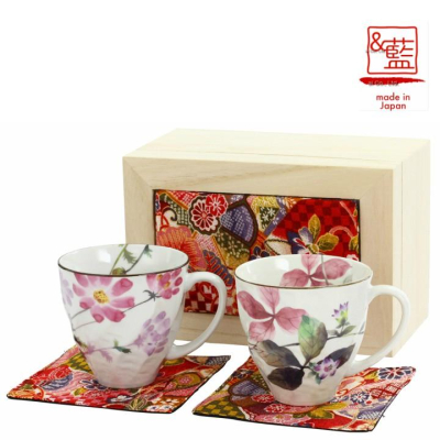 ~*平安喜樂*~ 日本 和藍 美濃燒陶瓷 花里 馬克杯 手繪水彩花卉 咖啡杯 對杯 附木盒禮物