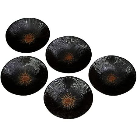 ~* 平安喜樂 *~日本製 美濃燒珠露 千段十草 5入 中深盤 大盤子菜盤深碟 花型 黑色 紙盒裝 禮物 60618-細節圖3