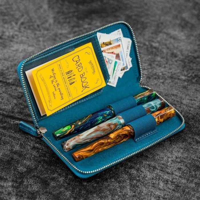 土耳其 蓋倫皮革 GALEN LEATHER 3支入拉鍊式二用筆袋: 瘋馬皮土耳其藍-細節圖2