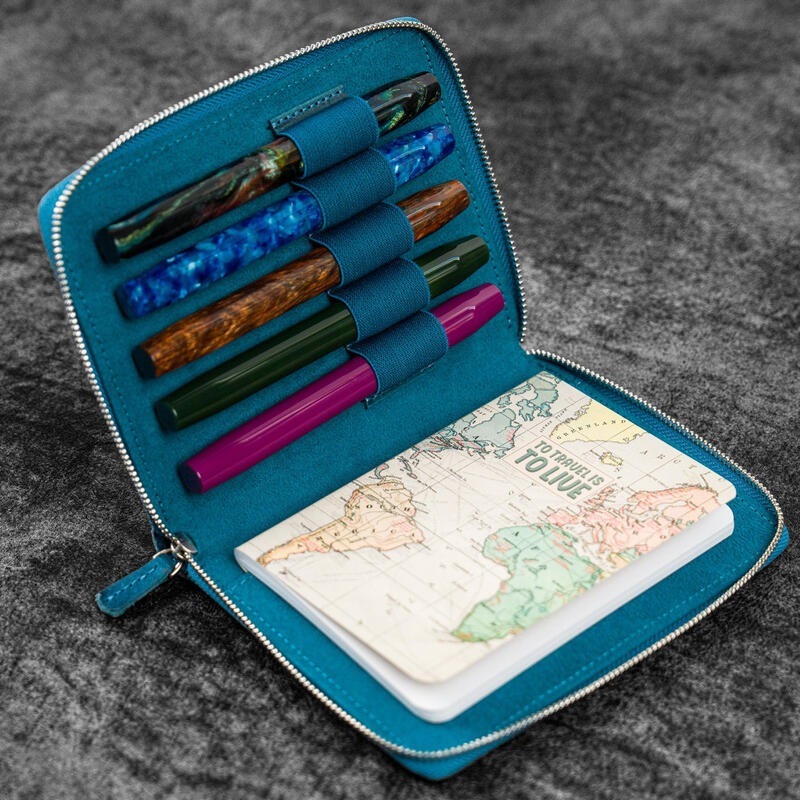 土耳其 蓋倫皮革 GALEN LEATHER 5支入拉鍊式二用筆袋: 瘋馬皮土耳其藍-細節圖2