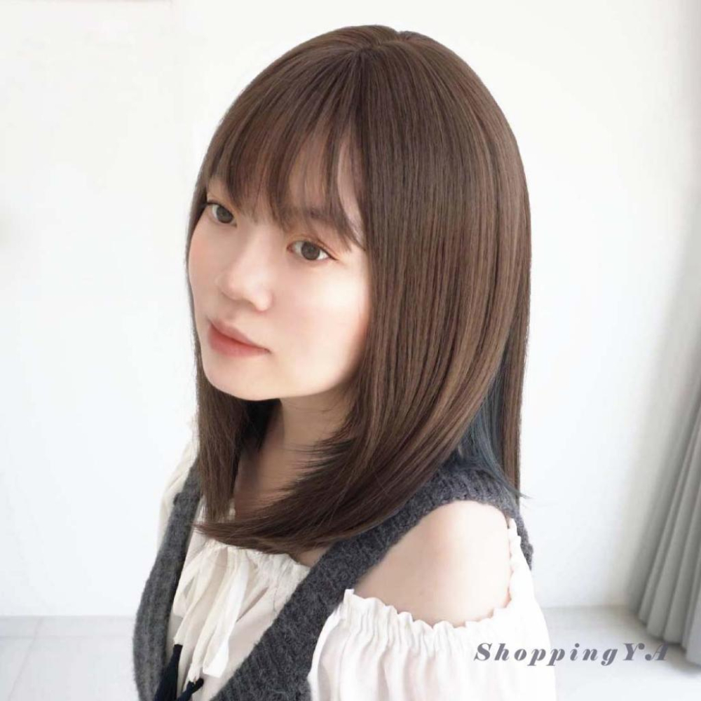 日日玩髮　鎖骨髮空氣瀏海羽毛剪內彎假髮亞麻棕+薰藍色　日常假髮啞光高溫絲可愛空氣感氣質中長cosplay假髮整頂式假髮-細節圖2