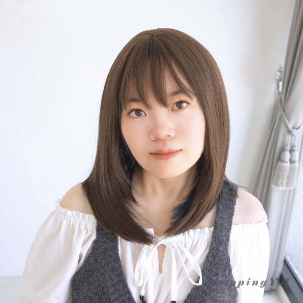 日日玩髮　鎖骨髮空氣瀏海羽毛剪內彎假髮亞麻棕+薰藍色　日常假髮啞光高溫絲可愛空氣感氣質中長cosplay假髮整頂式假髮-細節圖3