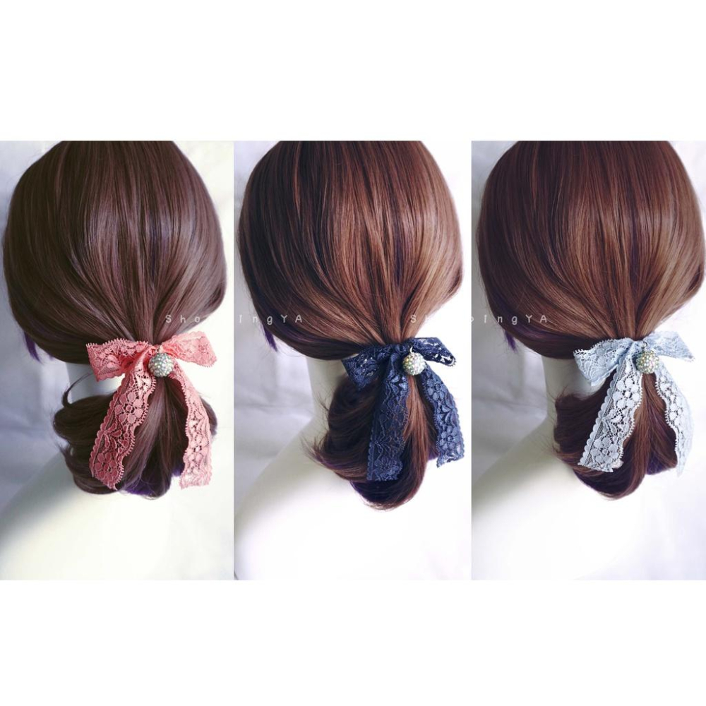 日日玩髮　蕾絲蝴蝶結水鑽髮圈 日系森林系髮飾 韓版時尚造型甜美氣質可愛質感髮圈髮束OL愛用頭飾生日禮物聖誕禮物情人節禮物-細節圖2