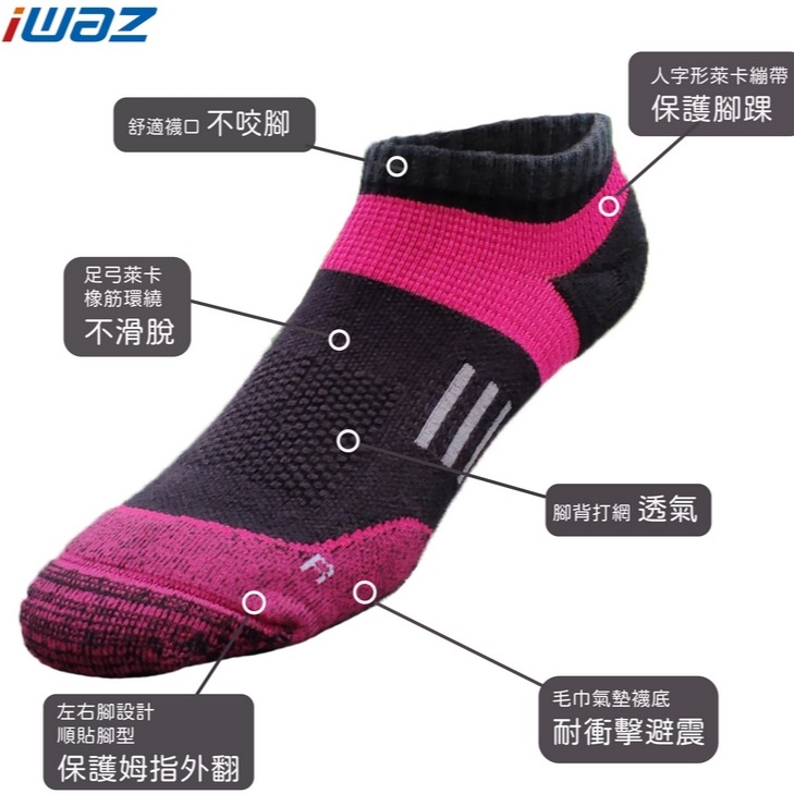 除臭襪 吸濕排汗襪 毛巾底 運動襪 襪子 踝襪-黑/桃紅配色 (跑步,健走,羽球,桌球,排球都適用) SP008A1-細節圖2