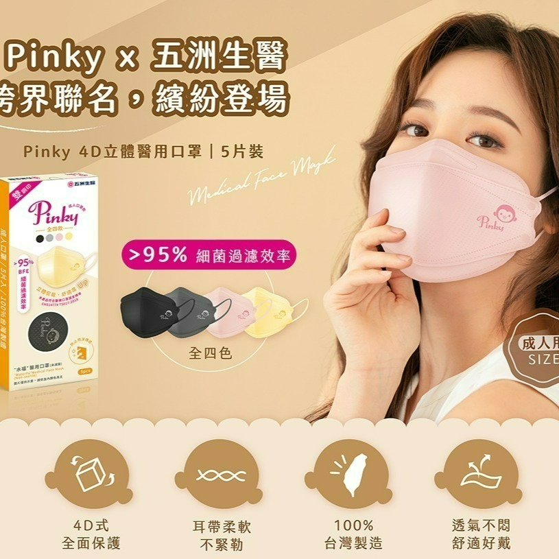 【限時購】五洲生醫 Pinky 4D立體醫用口罩 (全4色、5入/盒)  100%台灣製 醫療口罩 魚型口罩-細節圖2