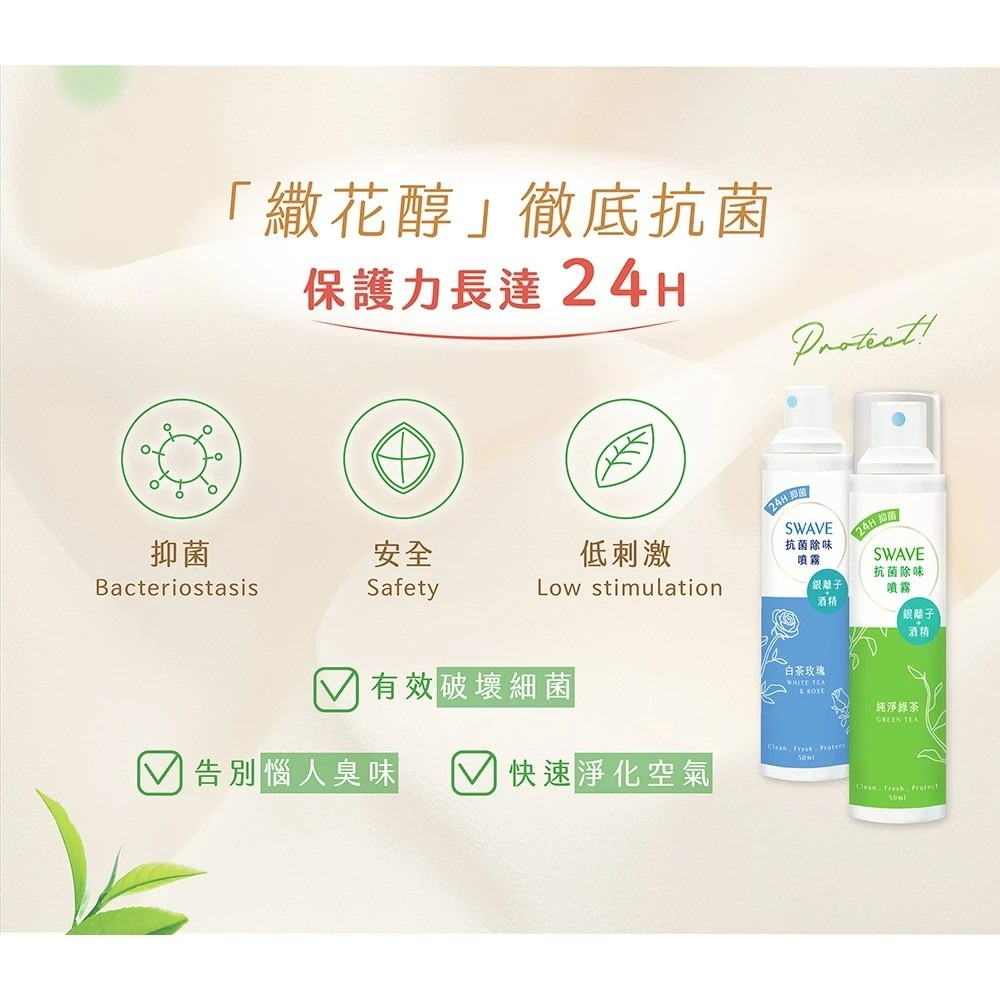 【五洲生醫】Ag+銀離子抗菌噴霧 (尤加利精油) +【SWAVE水無痕】Ag+銀離子抗菌除味噴霧 (純淨綠茶/白茶玫瑰)-細節圖4