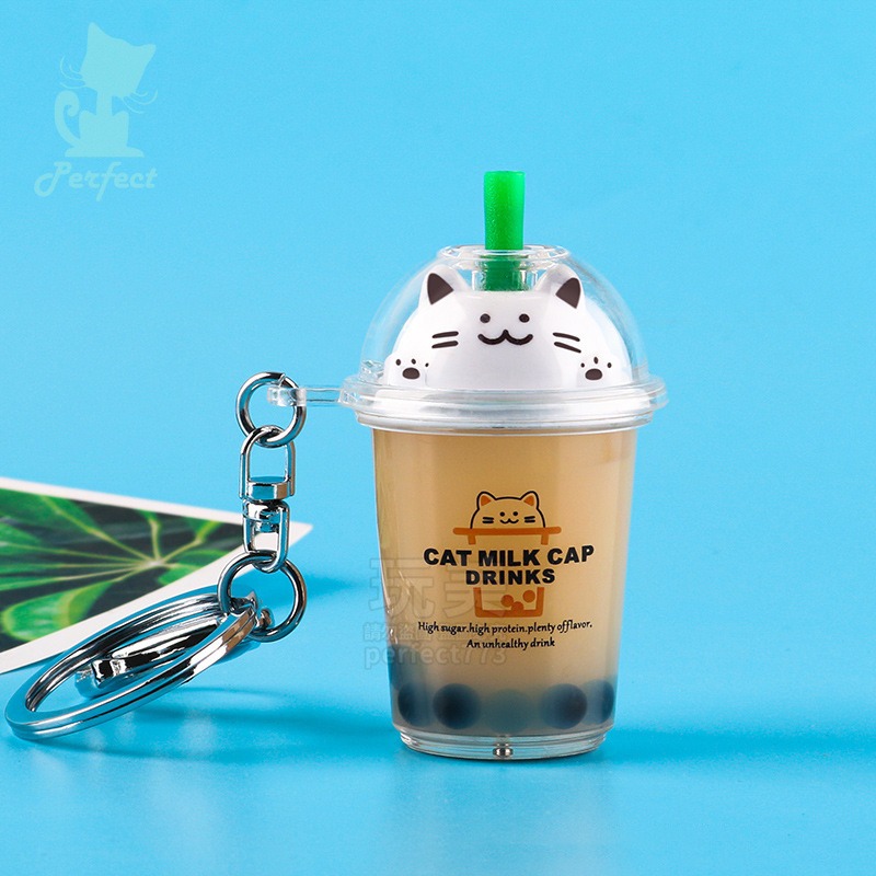 珍珠奶茶吊飾 波霸奶茶鑰匙圈 貓咪鑰匙圈 奶茶掛飾 可愛吊飾 造型鑰匙圈 創意吊飾 小禮物 玩美 77657-細節圖5