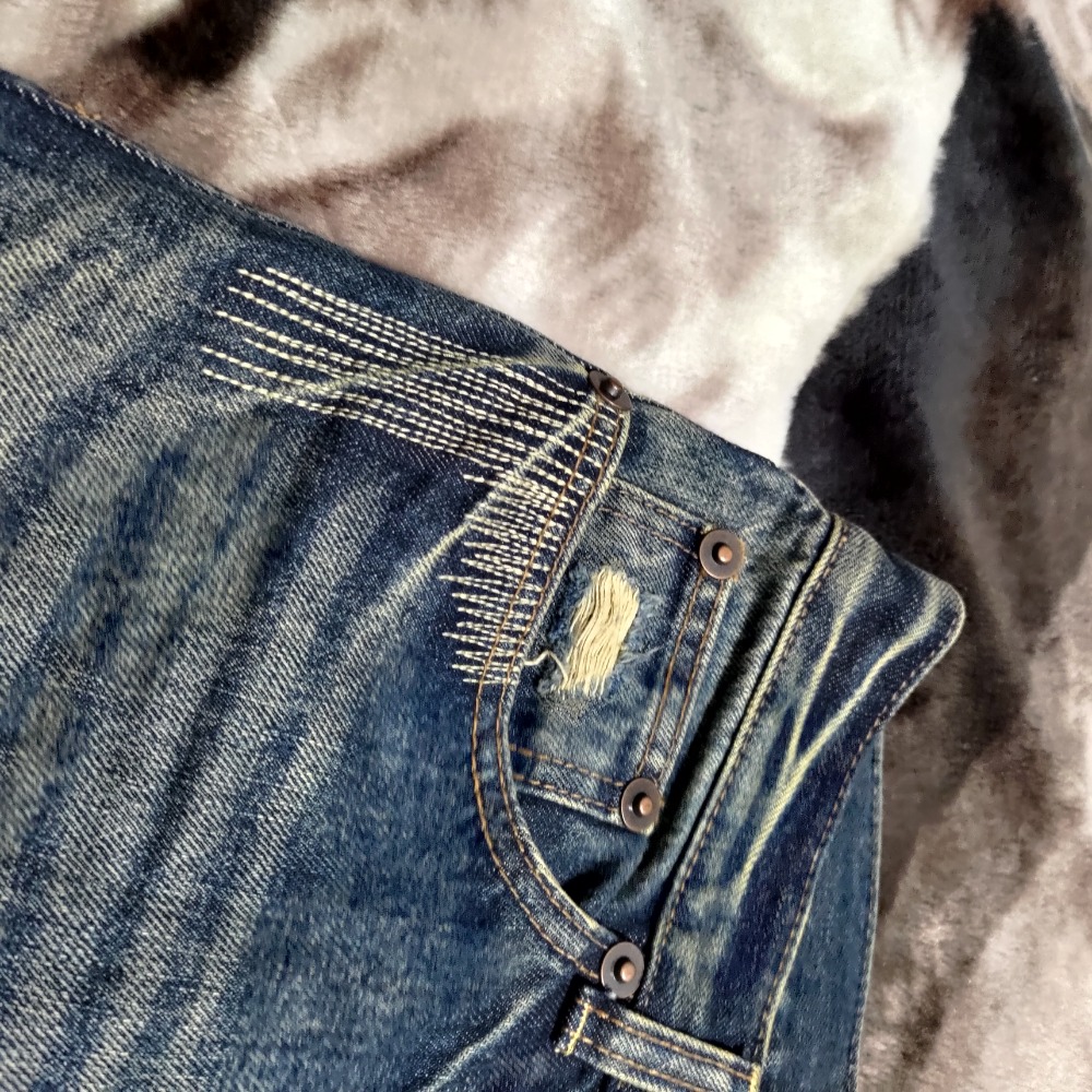 BOBSON 男款 立體貓鬚 刷破 車縫造型 直筒 牛仔褲 100%棉 33腰 700-細節圖5