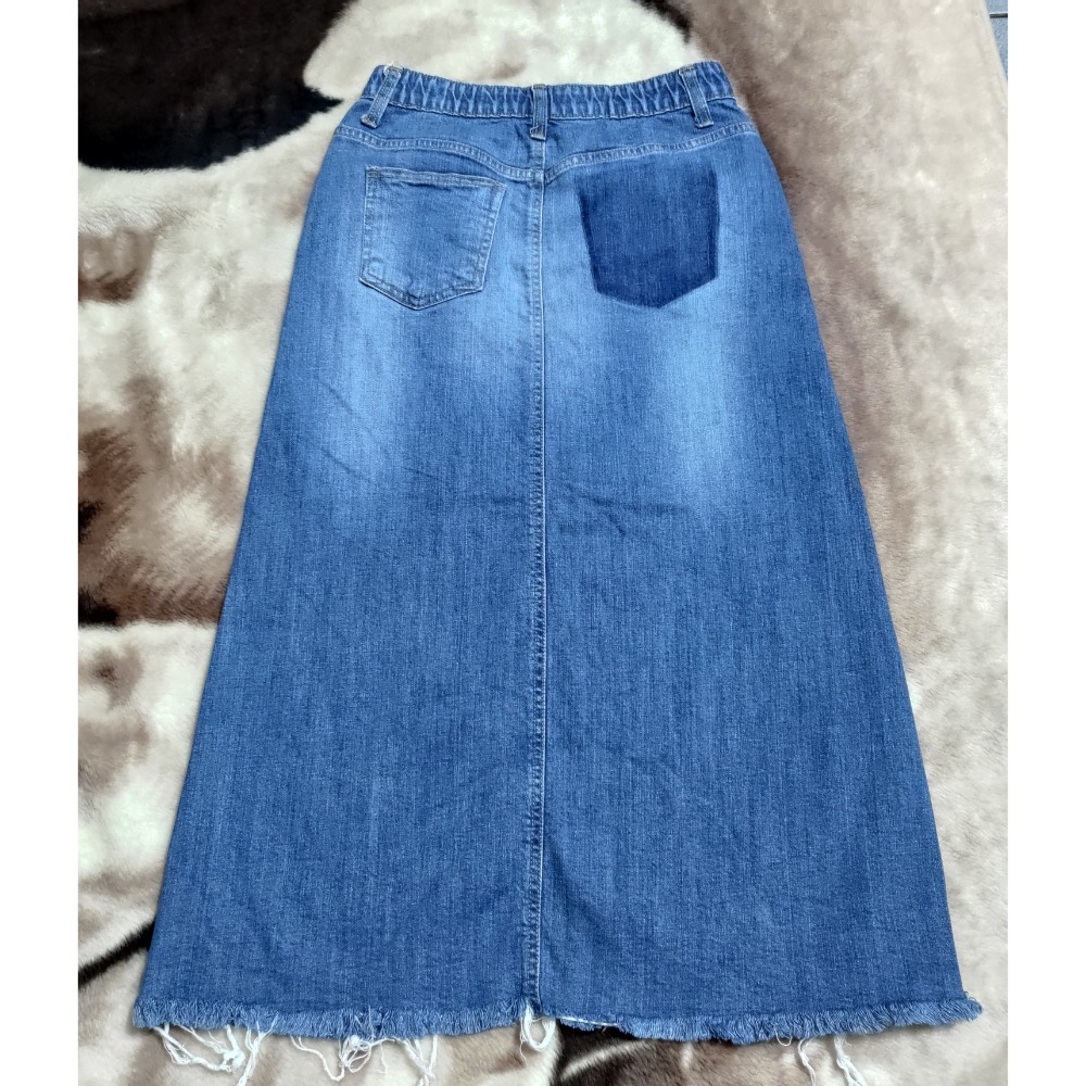 韓國 J.BLANC 牛仔長裙 過膝裙 L 前開叉 488 彈性-細節圖3