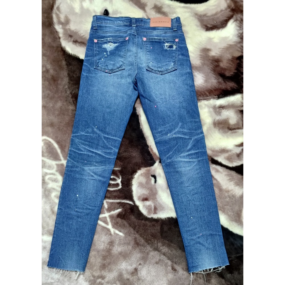 二手 正韓 HowLuk 彈性 牛仔褲 M Rodis denim 真皮粉色logo 彈性 牛仔褲M-細節圖2