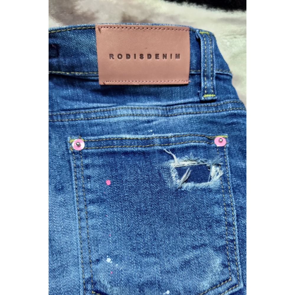 二手 正韓 HowLuk 彈性 牛仔褲 M Rodis denim 真皮粉色logo 彈性 牛仔褲M-細節圖4