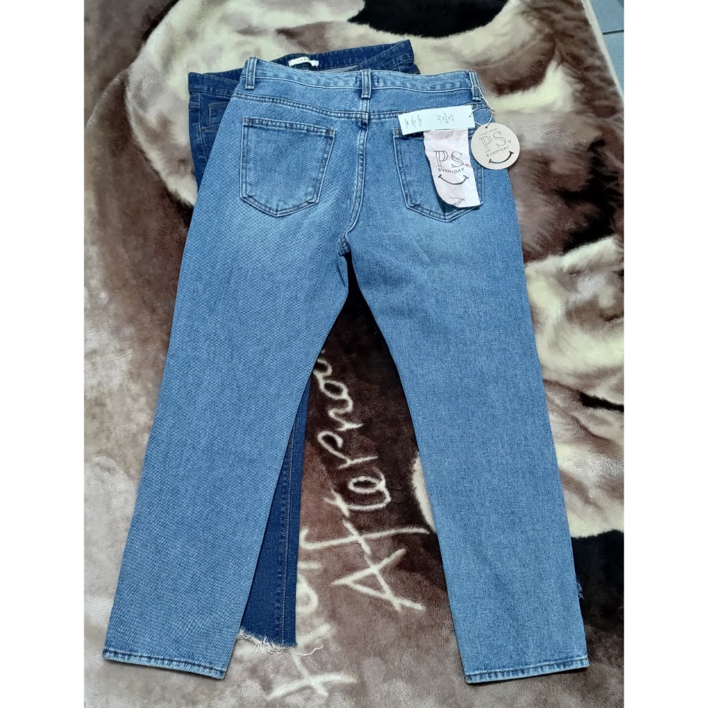 PAZZO 韓國製簡約直筒牛仔褲藍L 正韓 LABOR 刷破彈性牛仔褲28腰-細節圖2