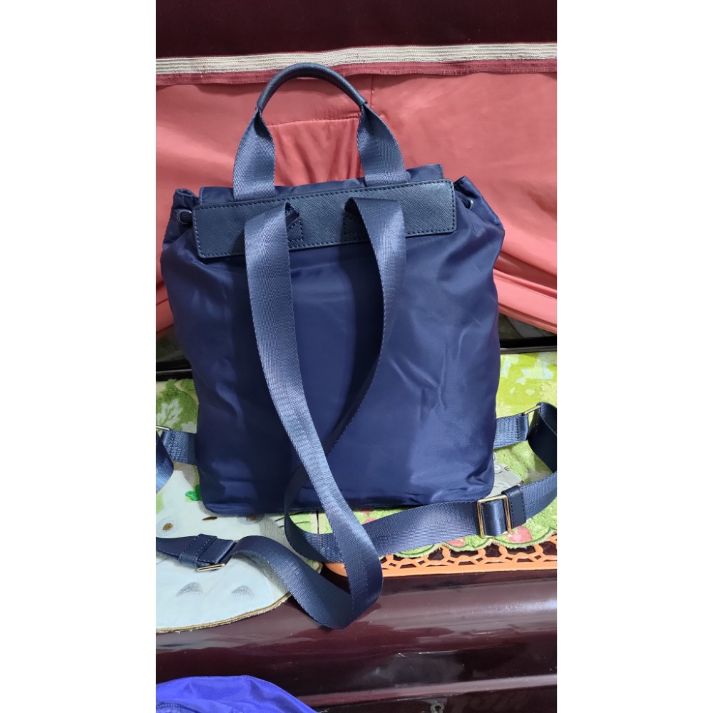 二手 TORY BURCH 海軍藍防潑水軟尼龍後背包 UNKLE 真皮 肩背包 斜背包-細節圖5
