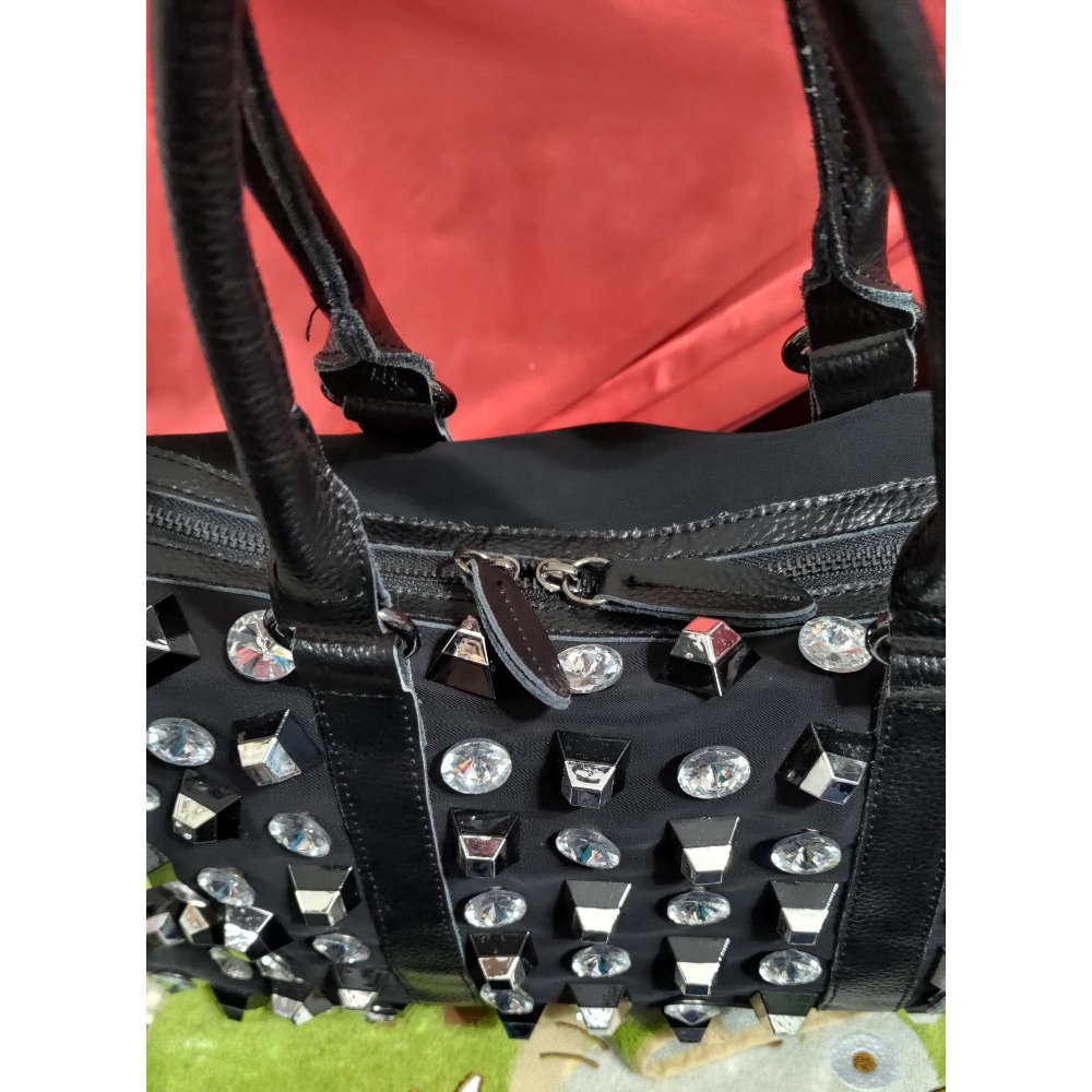 二手 真皮革 手提包 肩背包 斜背包 鉚釘 雙頭拉鍊-細節圖7