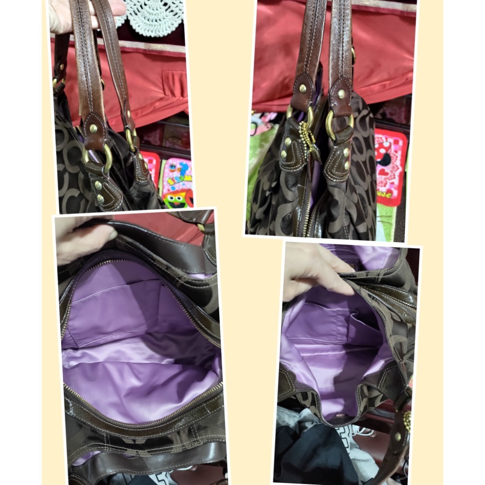 二手GOODS 織帶黃藍 大托特包 防潑水 手提包 肩背包 COACH售出 咖啡三層肩背包 手提包-細節圖3