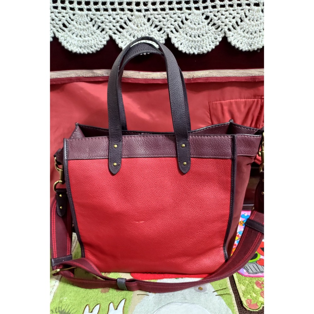 二手 瑕疵 COACH 皮革紅色拼色手提包肩背包斜背包-細節圖2