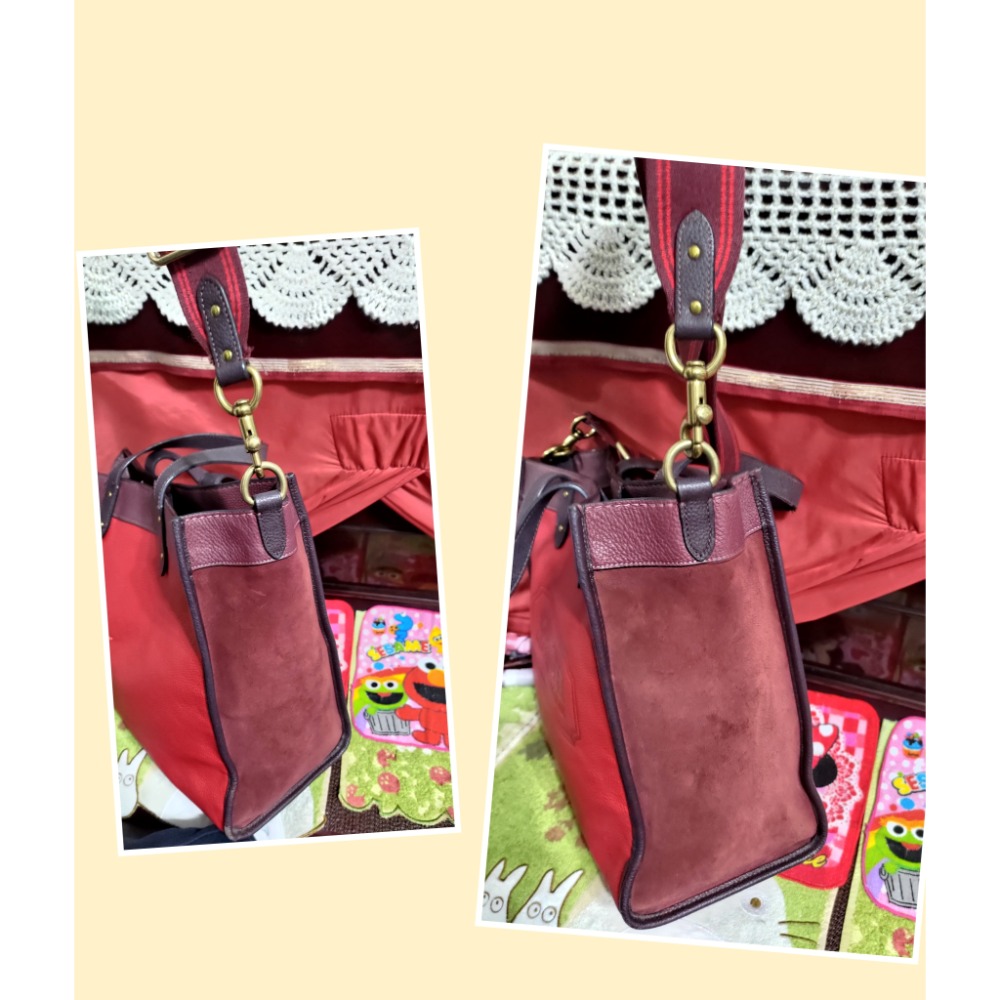 二手 瑕疵 COACH 皮革紅色拼色手提包肩背包斜背包-細節圖3