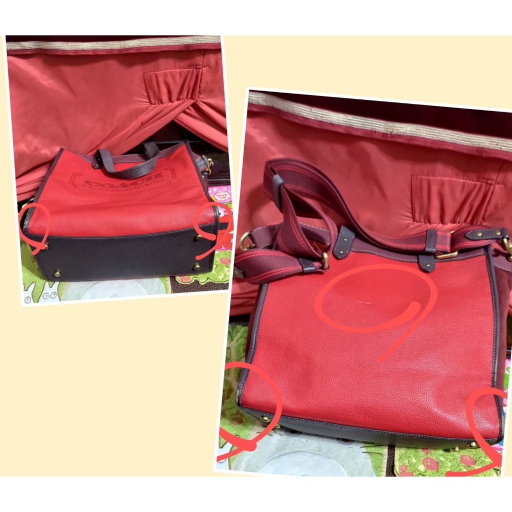 二手 瑕疵 COACH 皮革紅色拼色手提包肩背包斜背包-細節圖6