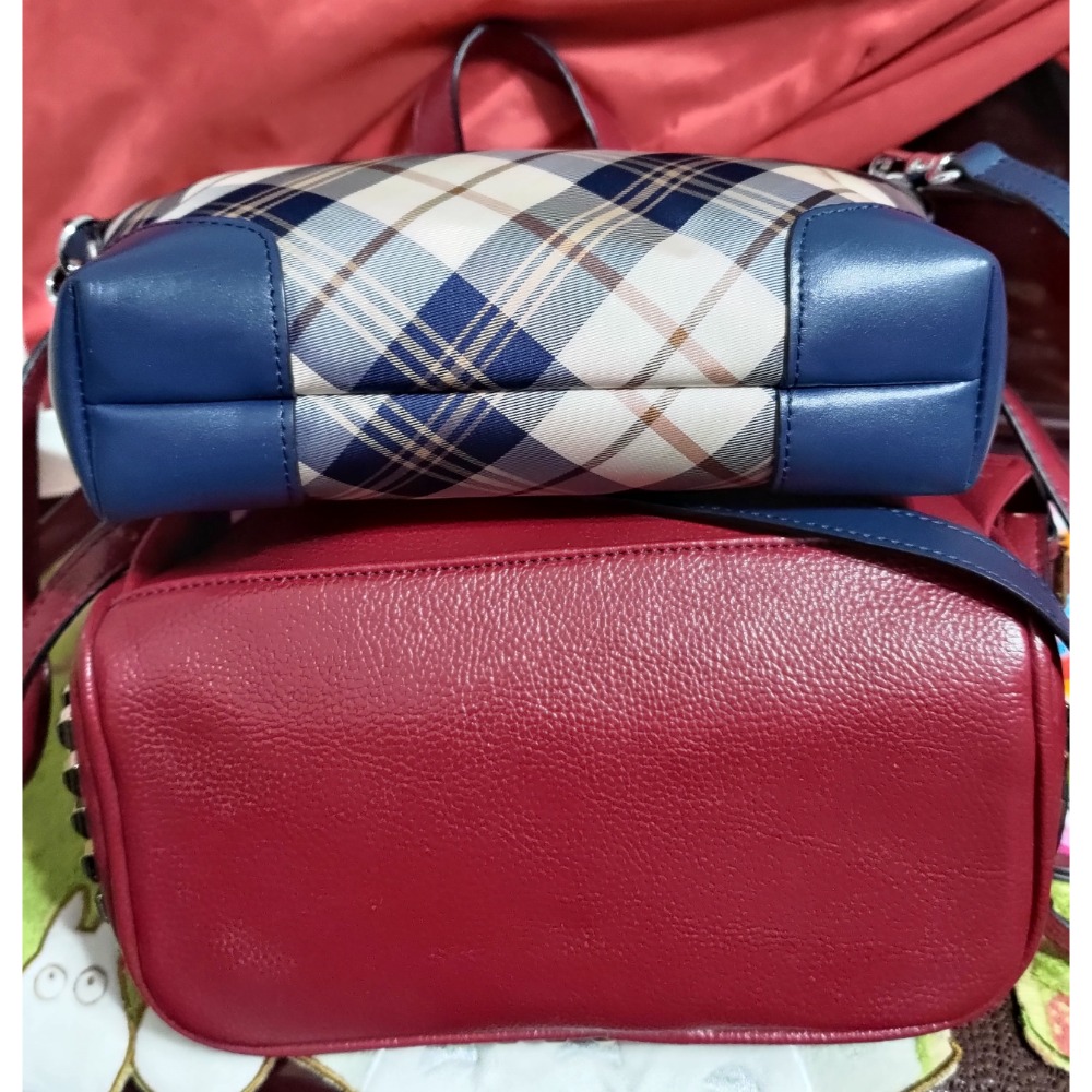 二手 MK MICHAEL KORS 金屬logo 鉚釘牛皮拉鍊後背包 金安德森 經典格紋 肩斜背包-細節圖3