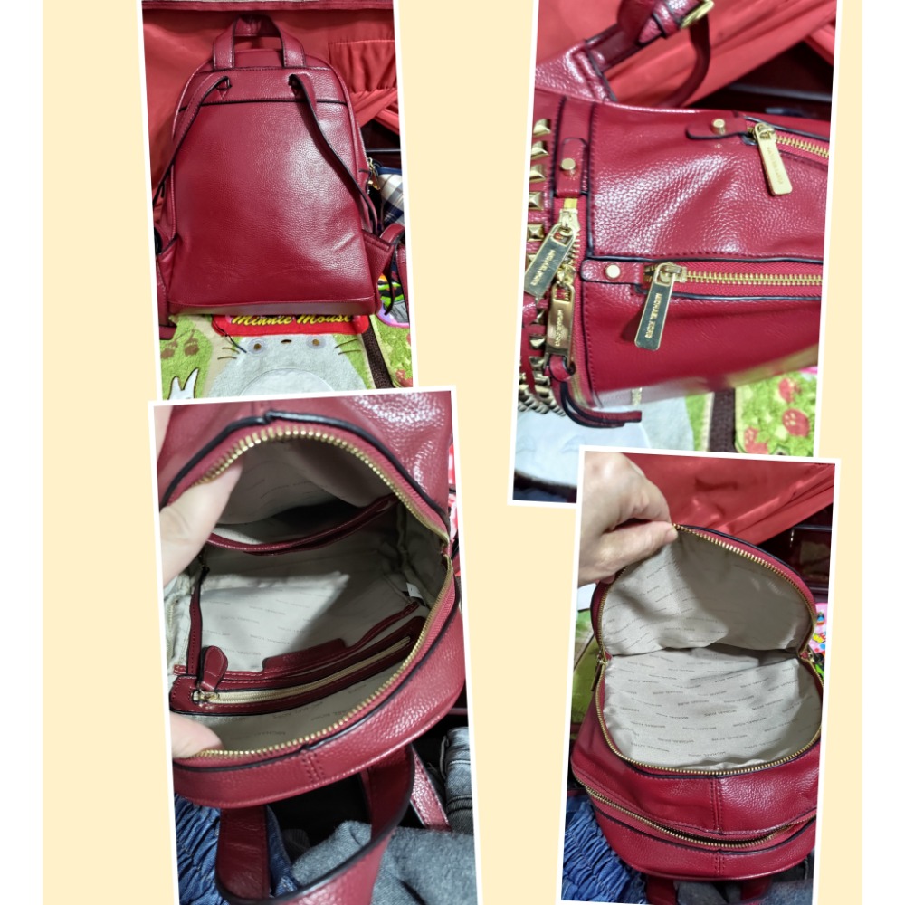 二手 MK MICHAEL KORS 金屬logo 鉚釘牛皮拉鍊後背包 金安德森 經典格紋 肩斜背包-細節圖4