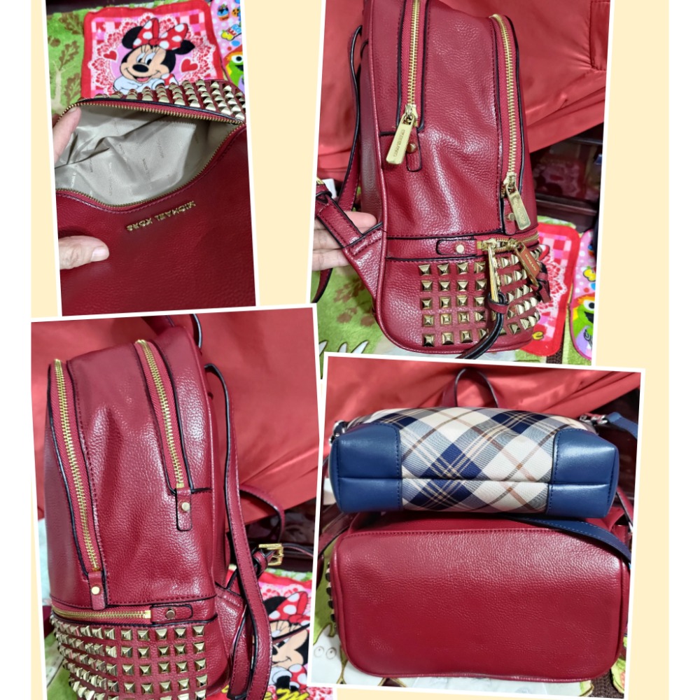 二手 MK MICHAEL KORS 金屬logo 鉚釘牛皮拉鍊後背包 金安德森 經典格紋 肩斜背包-細節圖5