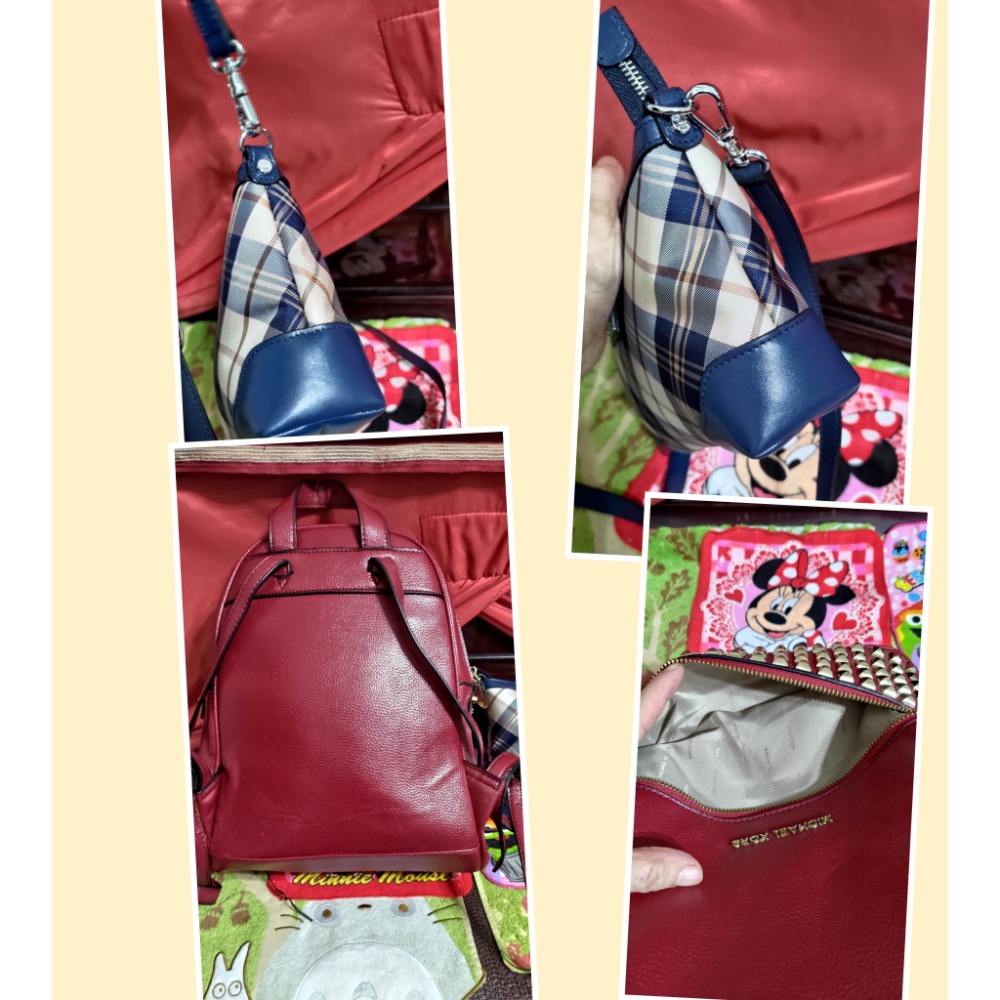 二手 MK MICHAEL KORS 金屬logo 鉚釘牛皮拉鍊後背包 金安德森 經典格紋 肩斜背包-細節圖7