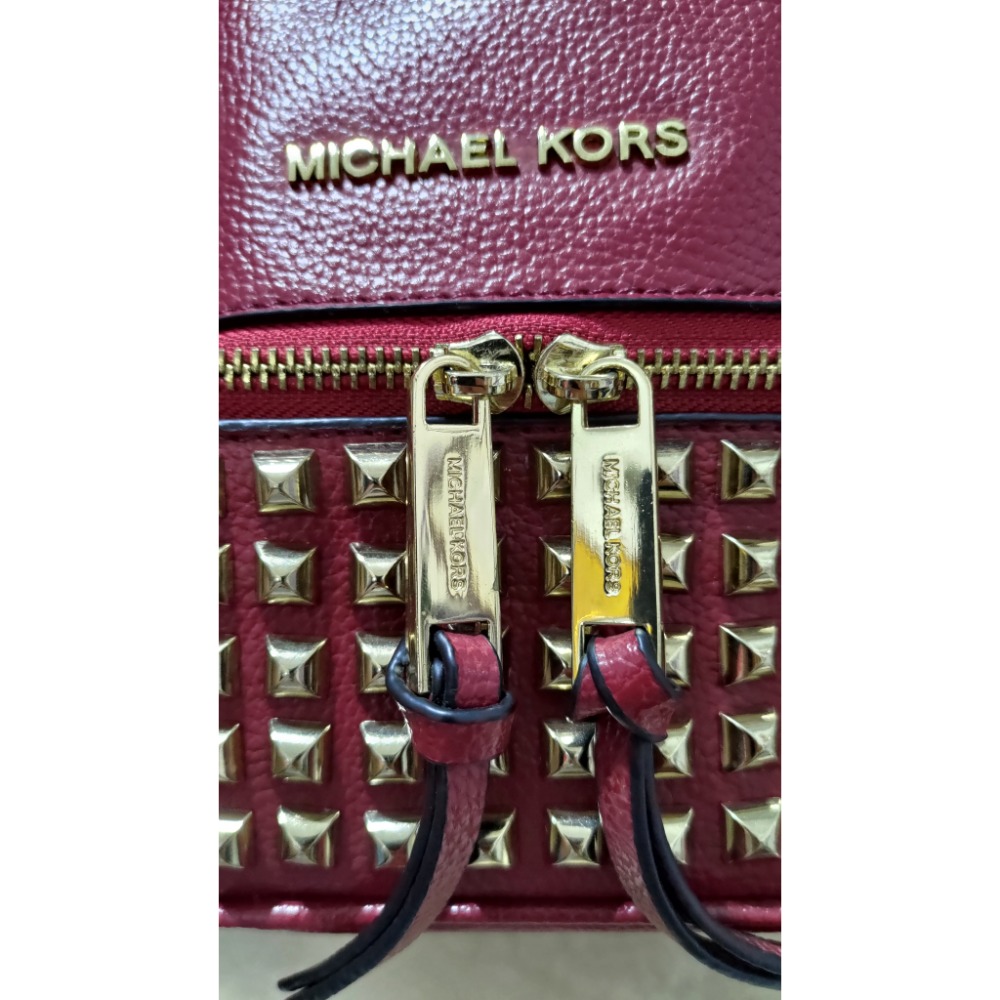 二手 MK MICHAEL KORS 金屬logo 鉚釘牛皮拉鍊後背包 金安德森 經典格紋 肩斜背包-細節圖10