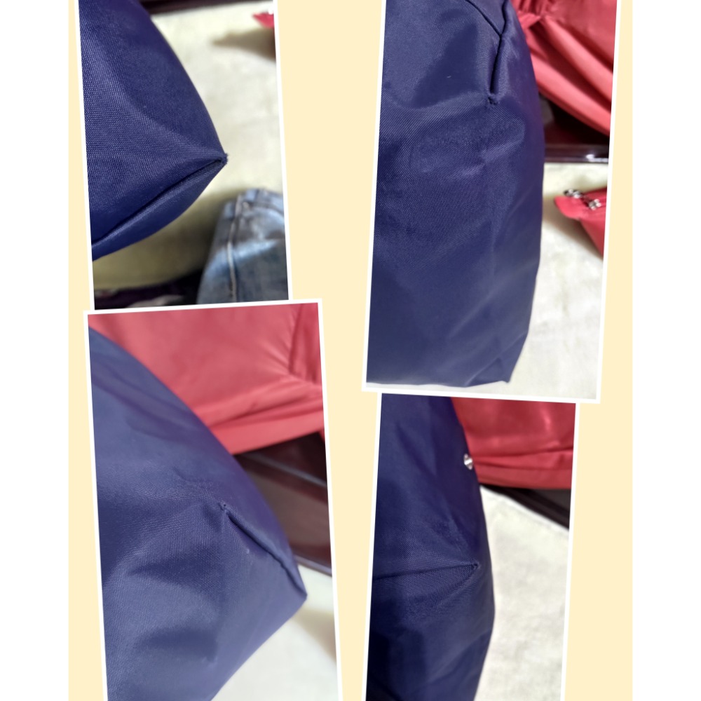 二手藍色 LONGCHAMP 刺鏽logo長提把尼龍水餃包 紅色水餃化粧包 雙配色單肩包但沒帶子了-細節圖3