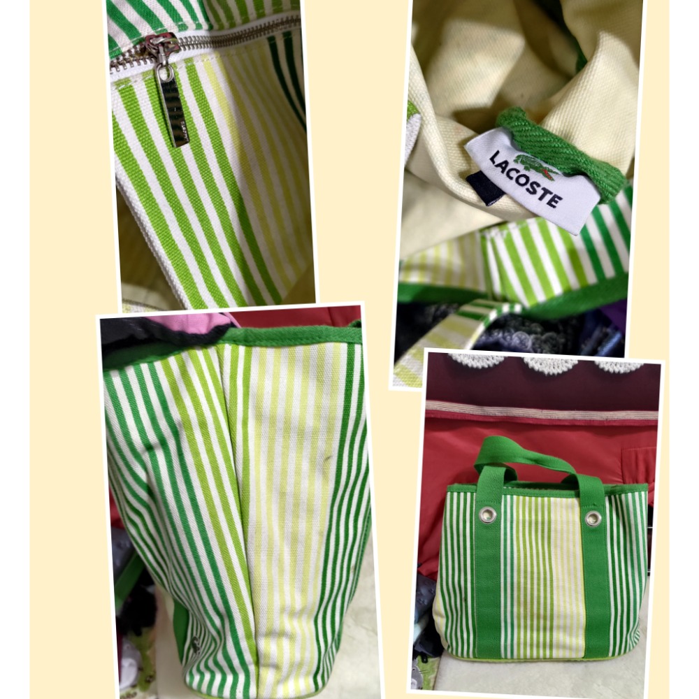 二手 mimo空氣後背包 手提包 LACOSTE 條紋帆布手提包 肩背包-細節圖3