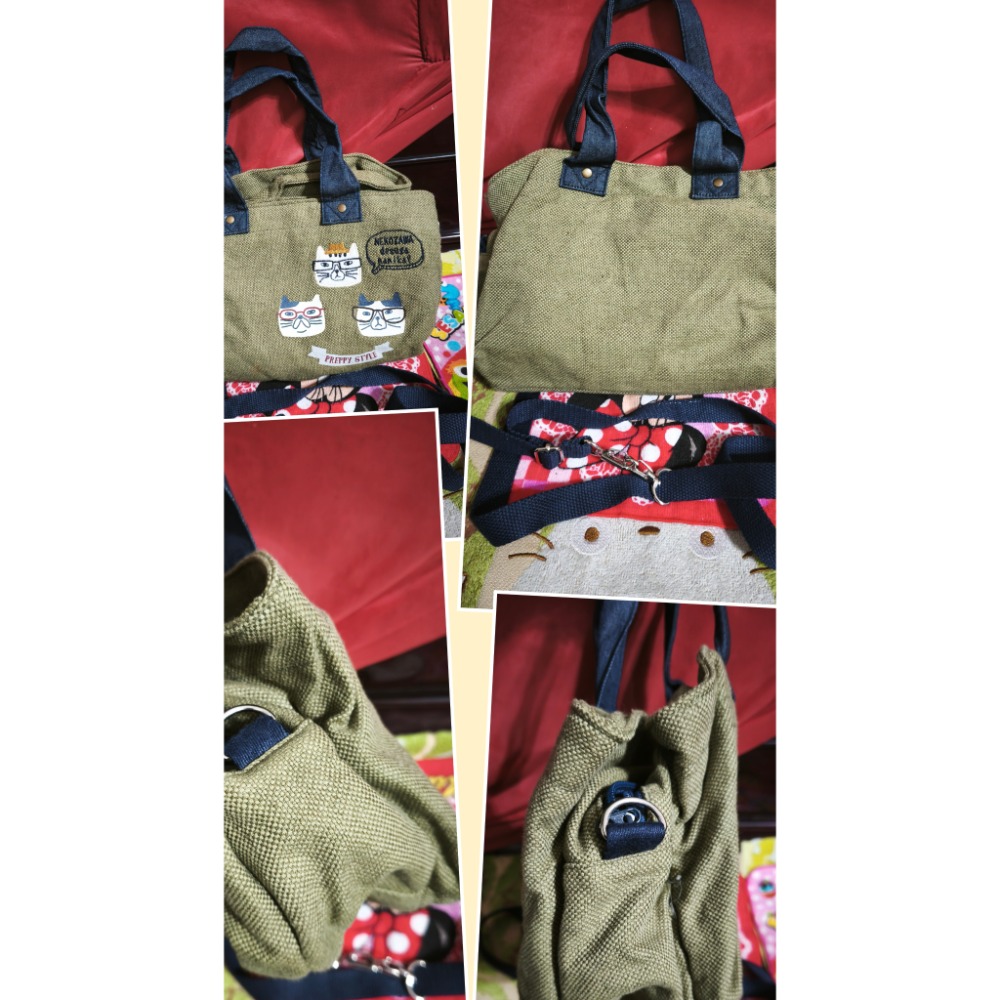 有購燒包後背包 手提包 日本 NEKOMARUKE軍綠帆布三袋格 PORTER 收納包手拿包 In線條手拿袋-細節圖2