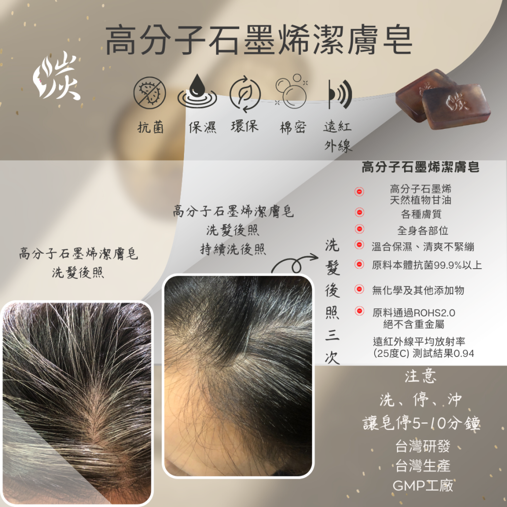 MIT高分子石墨烯潔膚皂   抗菌 保濕 淨膚 除味 遠紅外線全身肌膚都適用 手工皂 抗菌皂 香皂 石墨烯手工皂-細節圖5