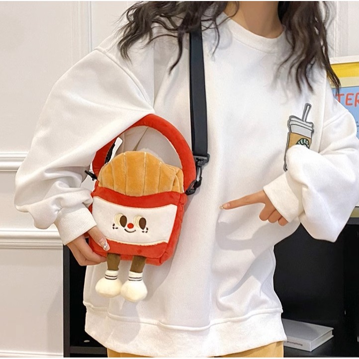 【星辰】薯條包包 四種背法! 不易撞包!薯條公仔包 毛絨手提包 斜跨包 掛脖包 日系通勤ins包 吸睛包 可愛包 搞怪包-細節圖7